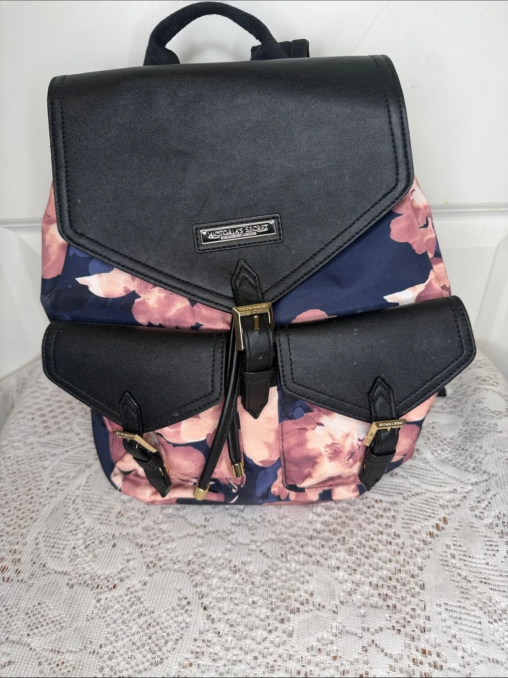 Victoria's Secret getaway cargo faux leather blue pink Floral Backpack - Picture 2 of 8